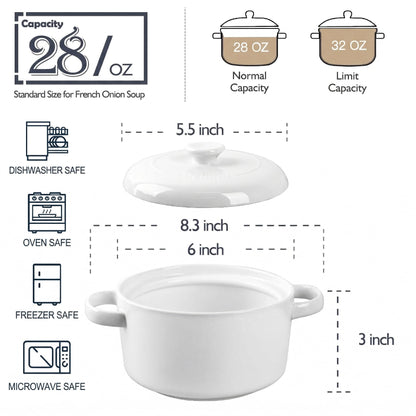 DELLING 28 Oz Soup Bowls with Handles and Lids Set of 4, Ceramic French Onion Soup Crocks Oven Safe - Large Soup Mugs for Chili Beef Stew Cereal Pot Pie, Microwave Safe, White