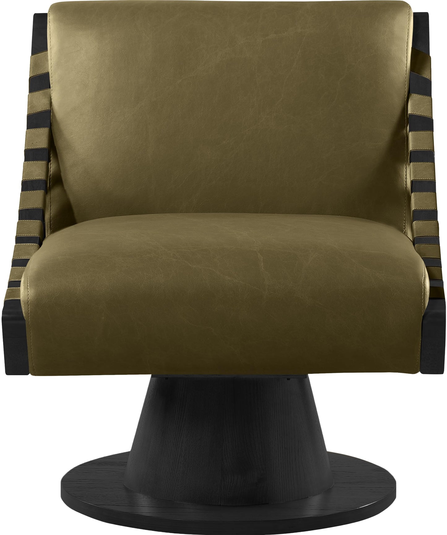 Meridian Furniture 33002Olive Millwin Collection Art Deco Swivel Accent Chair with Rich Olive Green Vegan Leather, Black Finish, Solid Wood Frame and Base, 28" W x 30" D x 32.5" H, Olive