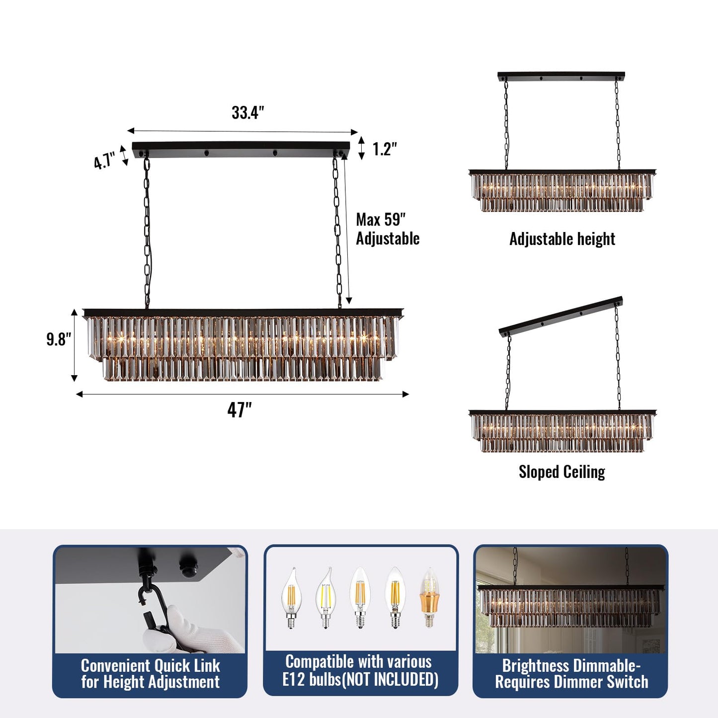 Tinkoso 39-inch Rectangle Crystal Chandeliers for Dining Room,Hanging Ceiling Light for Kitchen Island,Smoky Gray K9 Crystal Pendant Lighting,59-inch Adjustable Wire,Matte Black Finish