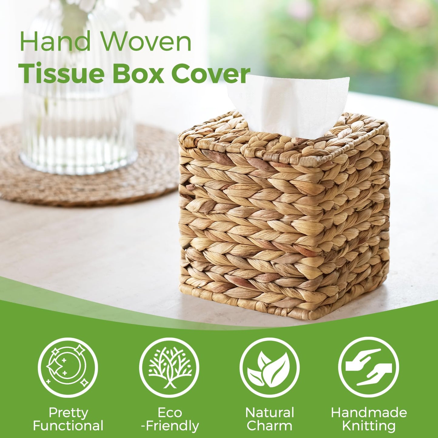 Tissue Box Cover, Square Wicker Tissue Box Holder Facial Tissues Boxes, Hand Woven Napkin Box Tissue Holder for Bathroom Bedroom Office Table Desk Night Stand, Boho Decorative, Natural