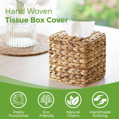 Tissue Box Cover, Square Wicker Tissue Box Holder Facial Tissues Boxes, Hand Woven Napkin Box Tissue Holder for Bathroom Bedroom Office Table Desk Night Stand, Boho Decorative, Natural