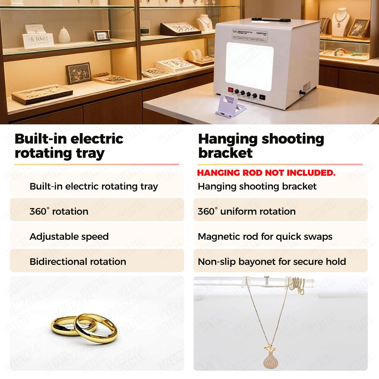 Professional Jewelry Photography Light Box Kit with 360°Dimmable Rotating Turntable, Gold Silver Softbox Photo Studio, Stunning Images, Support Jewelry Hanging or Placing, CRI>92%(Tv30)