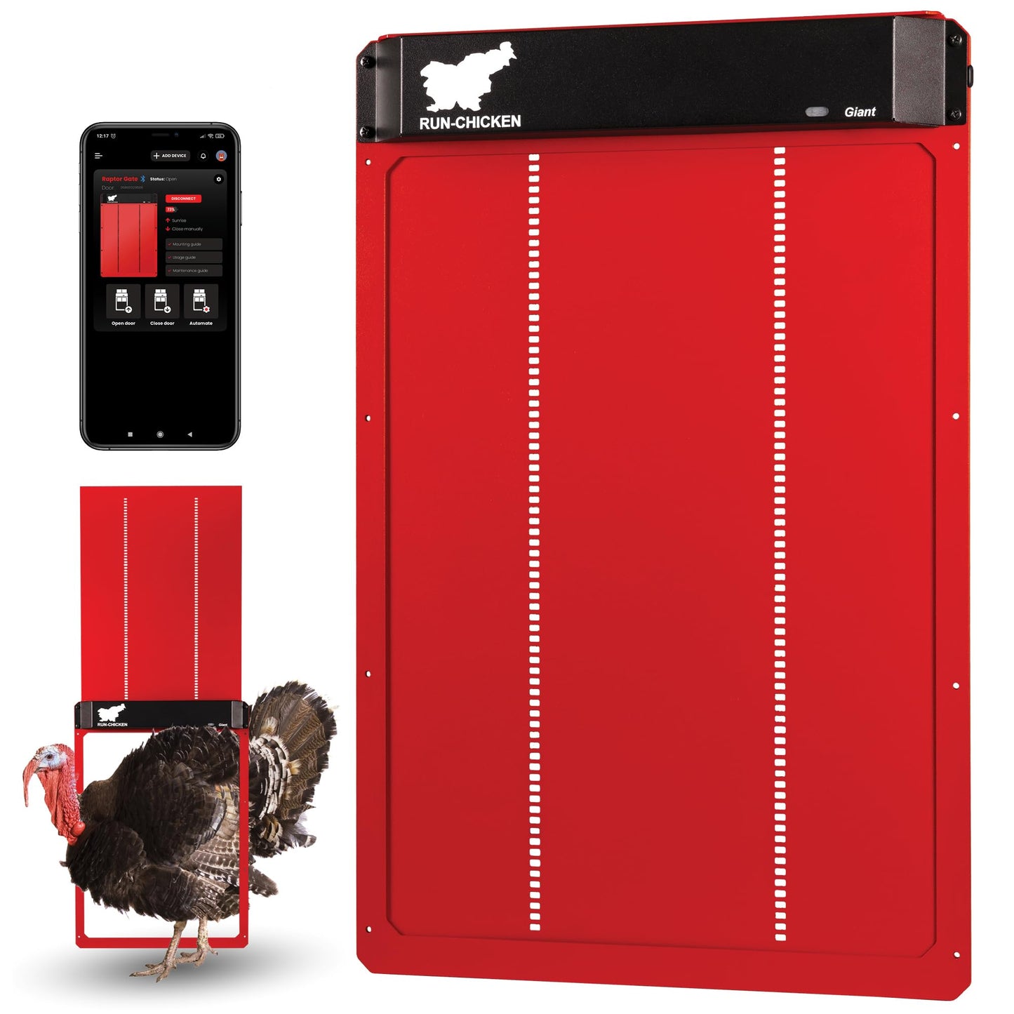 RUN-CHICKEN Door Giant – Large Automatic Poultry Coop Door for Ducks & Turkeys, Not for Chickens, Battery Powered/Solar Compatible, Heavy-Duty Aluminum, Predator Proof, Easy Install (Red)