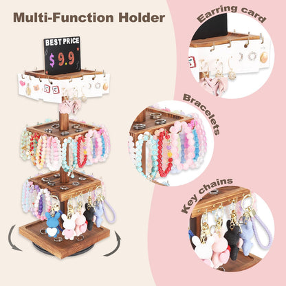 BDBDYEAY Bracelet Holder, 360° Rotating Jewelry Holder Organzier with Tray, Wooden Jewelry Tower with 48 Hooks, 4-Tier Large Capacity Jewelry Display Stand for Vendors Sell Bracelet Keychain Earring