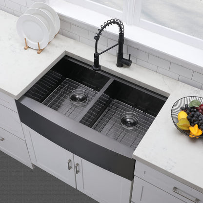VCCUCINE 33 Inch Gunmetal Black Double Farmhouse Sink, 33X22 Double Bowl Farmhouse Kitchen Sink, 16 Gauge 50/50 Stainless Steel Apron Front Farm Sink, Workstation Farmer Sink With Accessories