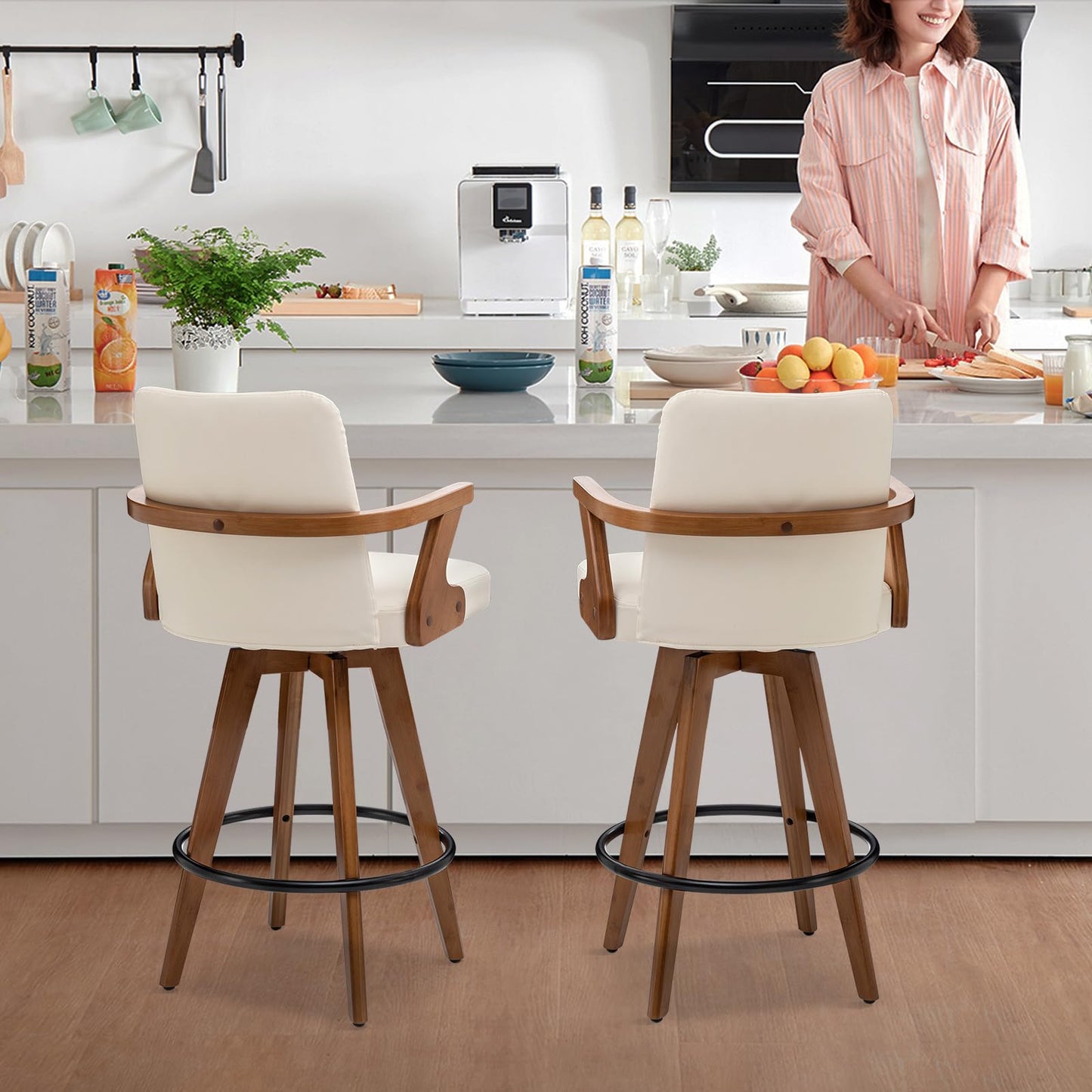 MEKLIBA 26” Counter Height Bar Stools,Leather Upholstered Bar Chair, Swivel Bar Stools with Back and Arms，Modern Beige Barstool Set of 2 for Kitchen Island