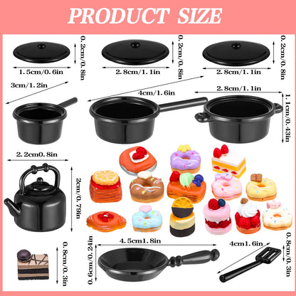 62 Pcs 1:12 Scale Miniature Dollhouse Kitchen Accessories Miniature Tea Cup Pots Resin Cake Set Include 16 Mini Plates Knife Fork Spoon 6 Egg Beater Utensil 10 Mini Stovetop Cookware 15 Pretend Food
