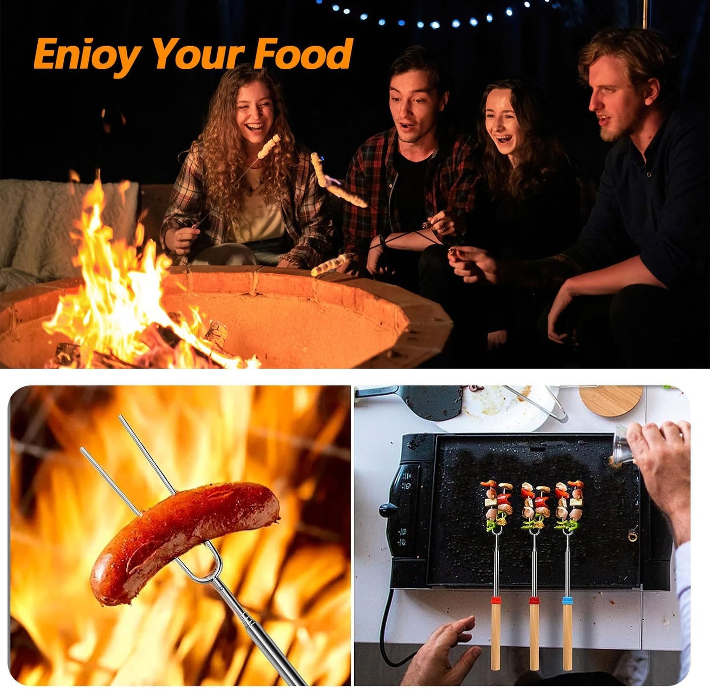 4Pcs S'mores Sticks for Tabletop Fire Pit, 32 Inch Marshmallow Roasting Skewers Kit for Outdoor Campfire Cooking