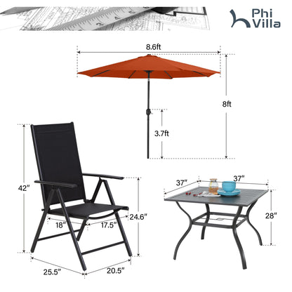 PHI VILLA Outdoor Patio Dining Set for 4 with 9ft Patio Umbrella (No Base), Outdoor Table and Chairs with Adjustable Patio Folding Chair & 37" Metal Dining Table for Garden, Yard and Deck