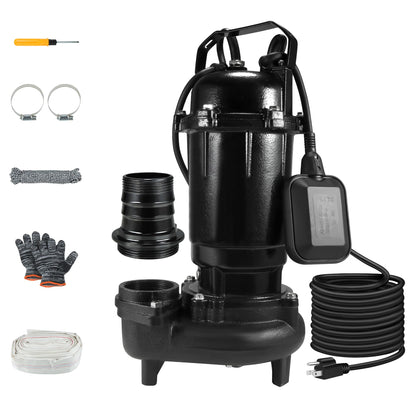 Sump Pump Submersible, Sewage Grinder Pump 110V 6400GPH 40Ft Max Head, Cast Iron Effluent Pump with Auto Float Switch 2'' NPT for Basement Basin Sewage Well Pond Swimming Pool, 32Ft Power Cord