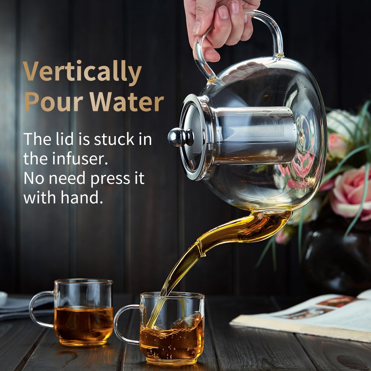 DOPUDO 40OZ (1200ML) Glass Teapot with Infuser Stovetop Safe, Clear Glass Tea Pot Kettle, Borosilicate Tea Pot with Infusers Filter for Loose Tea, Tea Kettle Dishwasher Safe