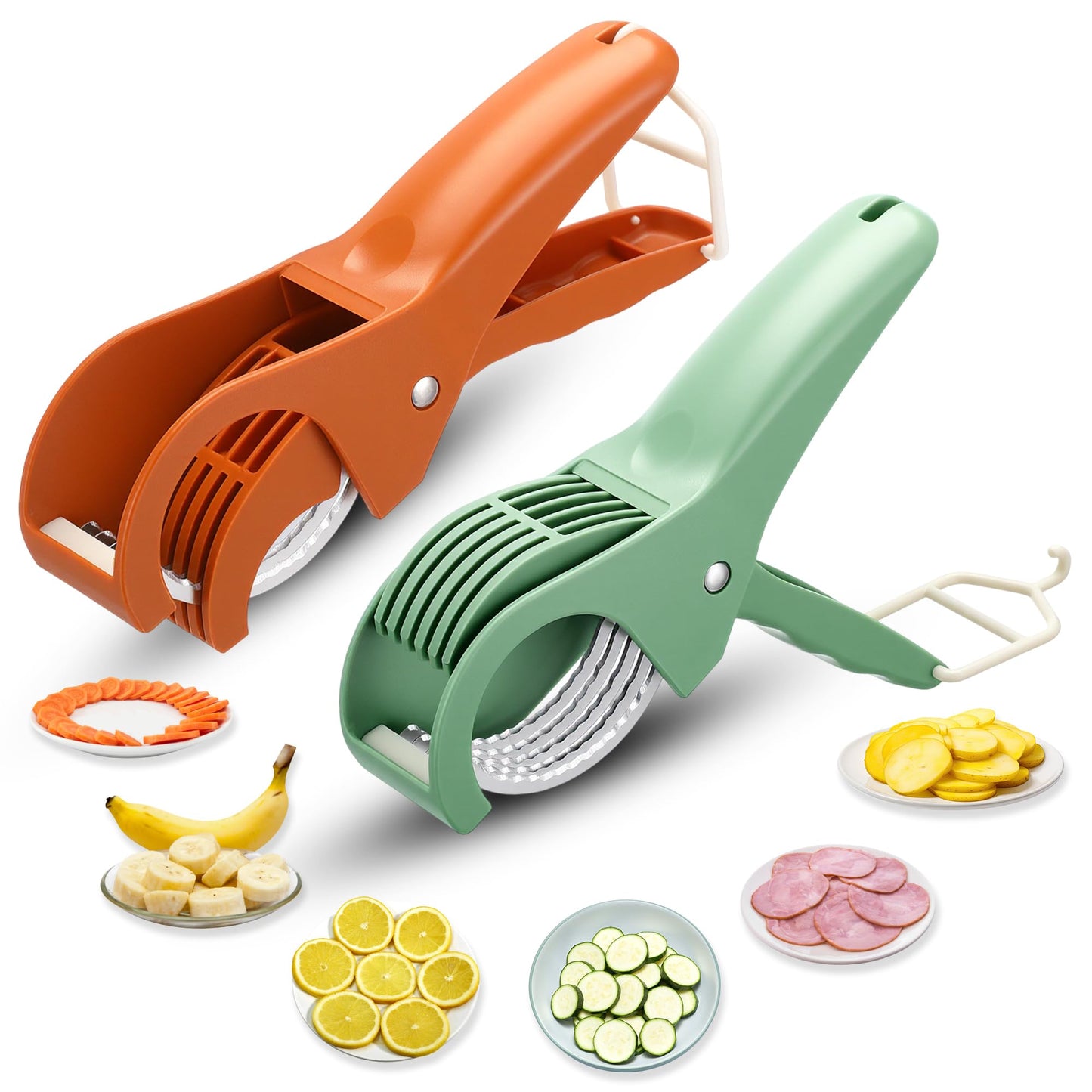 Lanties 2 Pcs Food Manual Slicer Fruit and Vegetable Cutter Stainless Steel Banana Slicer with ABS Handle for Quickly Making Fruit Vegetable Salad