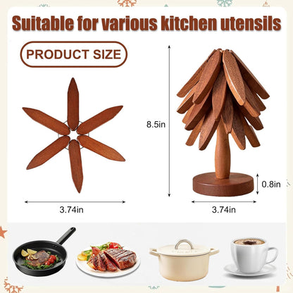 Wooden Trivets for Hot Dishes, 4 Wooden Tree Trivets + 1 Stand Stored Like a Christmas Tree (Walnut)