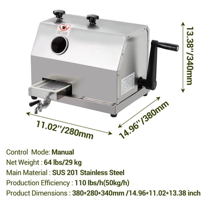 Manual Sugar Cane Juicer Machine, Commercial 110LBS/H High Output Sugar Cane Press, Sugarcane Juicer, 3 Stainless Steel Rollers, 2.4Inch Large Feeding Chute,Home&Commercial Extractor Squeezer