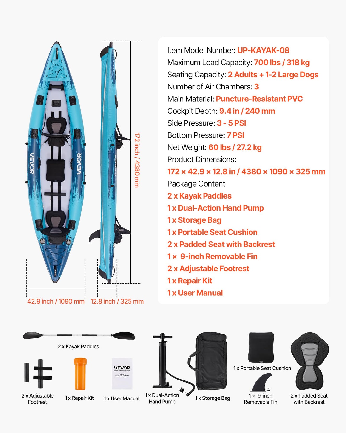 VEVOR 2-Person Inflatable Kayak, 14'4" x 3'7" – Extra Spacious for Family & Dogs, 700-lb Capacity Sit-in Kayak with Accessories, Includes 2 Paddles, Pump & Carry Bag – Perfect for Fishing and Touring