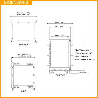 RIVECO 12U Server Rack Adjustable Depth Network 4 Post Cabinet Open Frame with Leveling Feet & Wheels Fully Rivets 1400 LBS