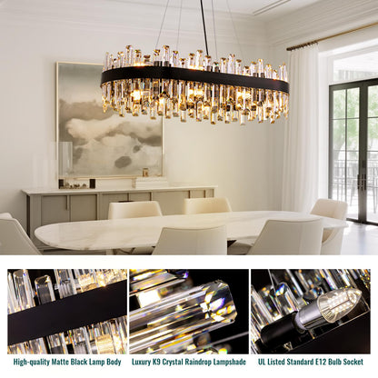 Siljoy Modern Crystal Chandelier, 16-Light Black Rectangular 2-Tiers K9 Crystal Raindrop Chandelier, Farmhouse Crystal Ceiling Light Fixture for Living Dining Room Kitchen Island L35.4 Inch