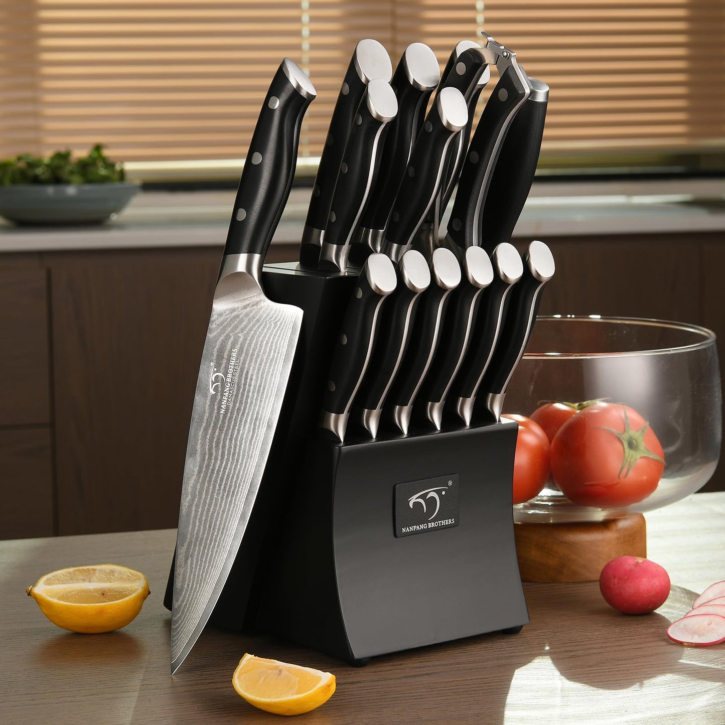 Damascus Kitchen Knife Set, 15-Piece Kitchen Knife Set with Block, ABS Ergonomic Handle for Chef Knife Set and Serrated Steak Knives Knife Sharpener and Kitchen Shears, 14 Slots Wooden Knife Block