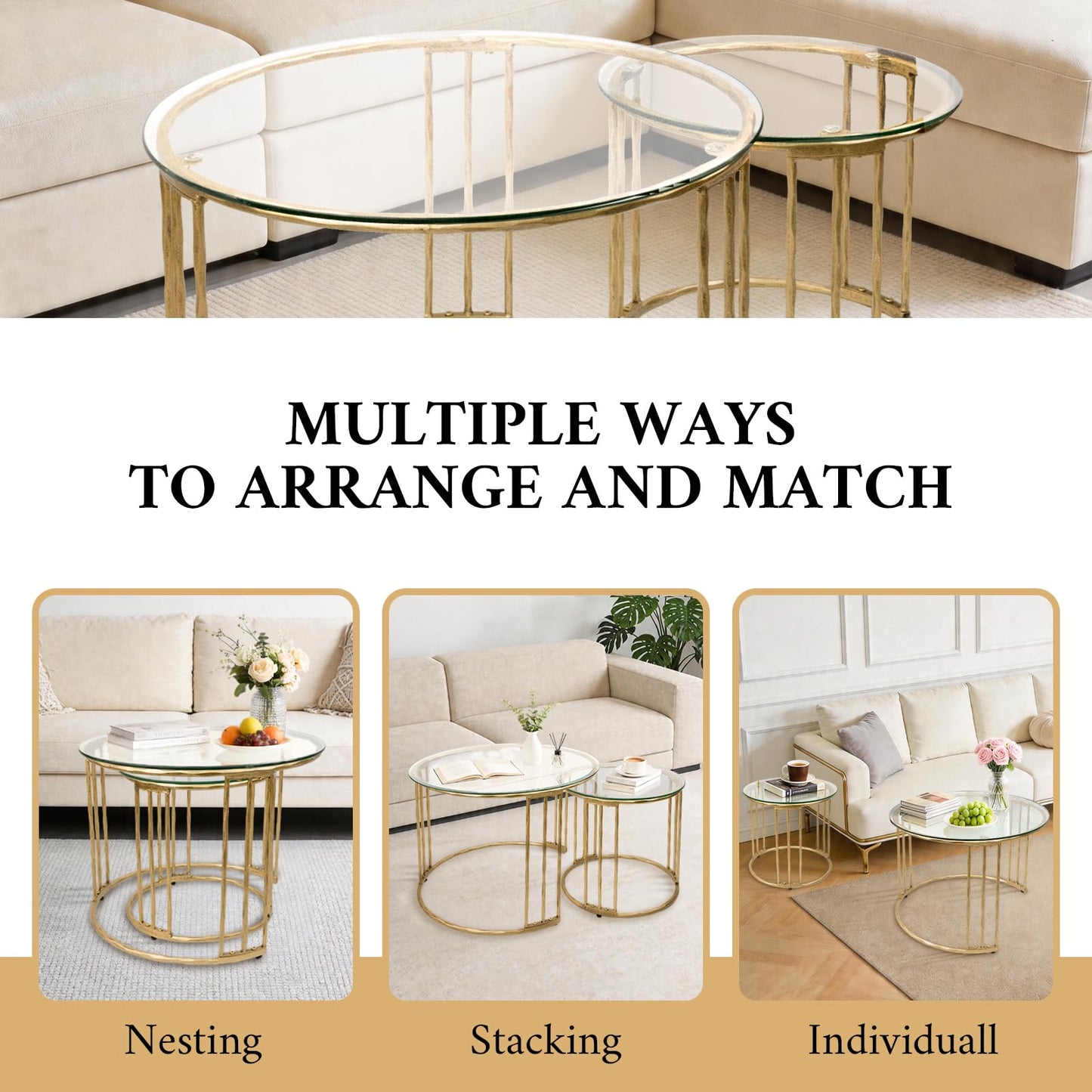 BEGINS Nesting Coffee Table Set of 2, 23.6" Round Coffee Table, Hand Forged Vintage Gold Center Table with Glass Top for Living Room, Bedroom, Balcony