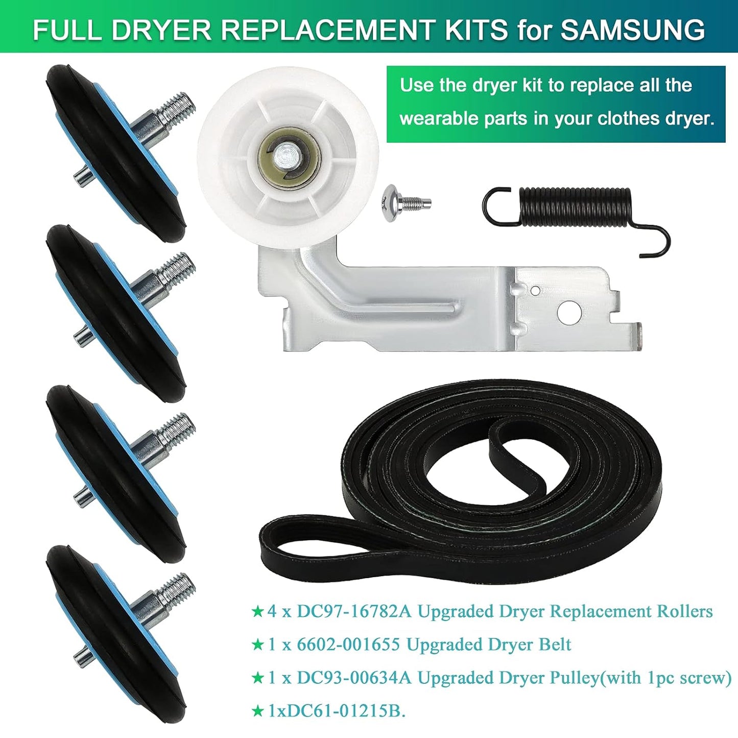 Samsung Dryer Parts Replacement Kit DV45H7000EW A2 DV42H5000EW A3 Roller Belt Idler Pulley Tension Spring