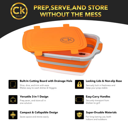 CK GOLD Collapsible BBQ Prep Tub XL with Locking Lid & Drain Hole | Meat Marinating Container with Cutting Board | BPA-Free Food-Grade Prep Tubs for Grilling, Camping & Outdoor Cooking (Orange, 16 L)