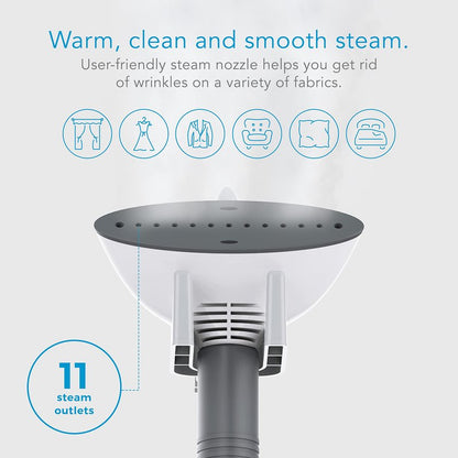 Steamfast SF-407 Canister Fabric Steamer, With Telescopic Pole and Fabric Brush, 45 Second Heat Up Time, Chemical-Free Steam, Clothes Hook, Fabric Brush, 40-Ounce Water Tank, White