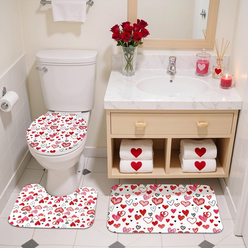 Mocsicka Valentines Shower Curtain Set for Bathroom, 4Pcs Doodle Style Red Heart Valentine Bathroom Sets with Non Slip Rugs, Toilet Lid Cover, Bath Mat, Shower Curtain, Bathroom Decor with 12 Hooks
