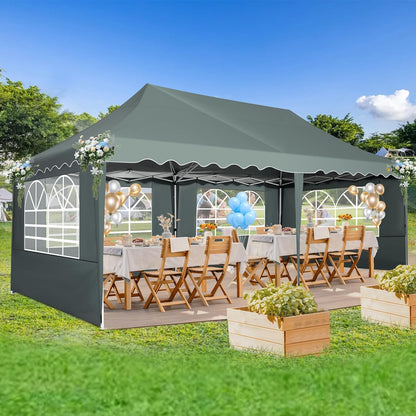 HOTEEL 10x20 Pop up Canopy Tent with 6 sidewalls Easy Up Commercial Outdoor Wedding Party Tents for Parties All Season Wind & Waterproof Gazebo Roller Bag, Gray