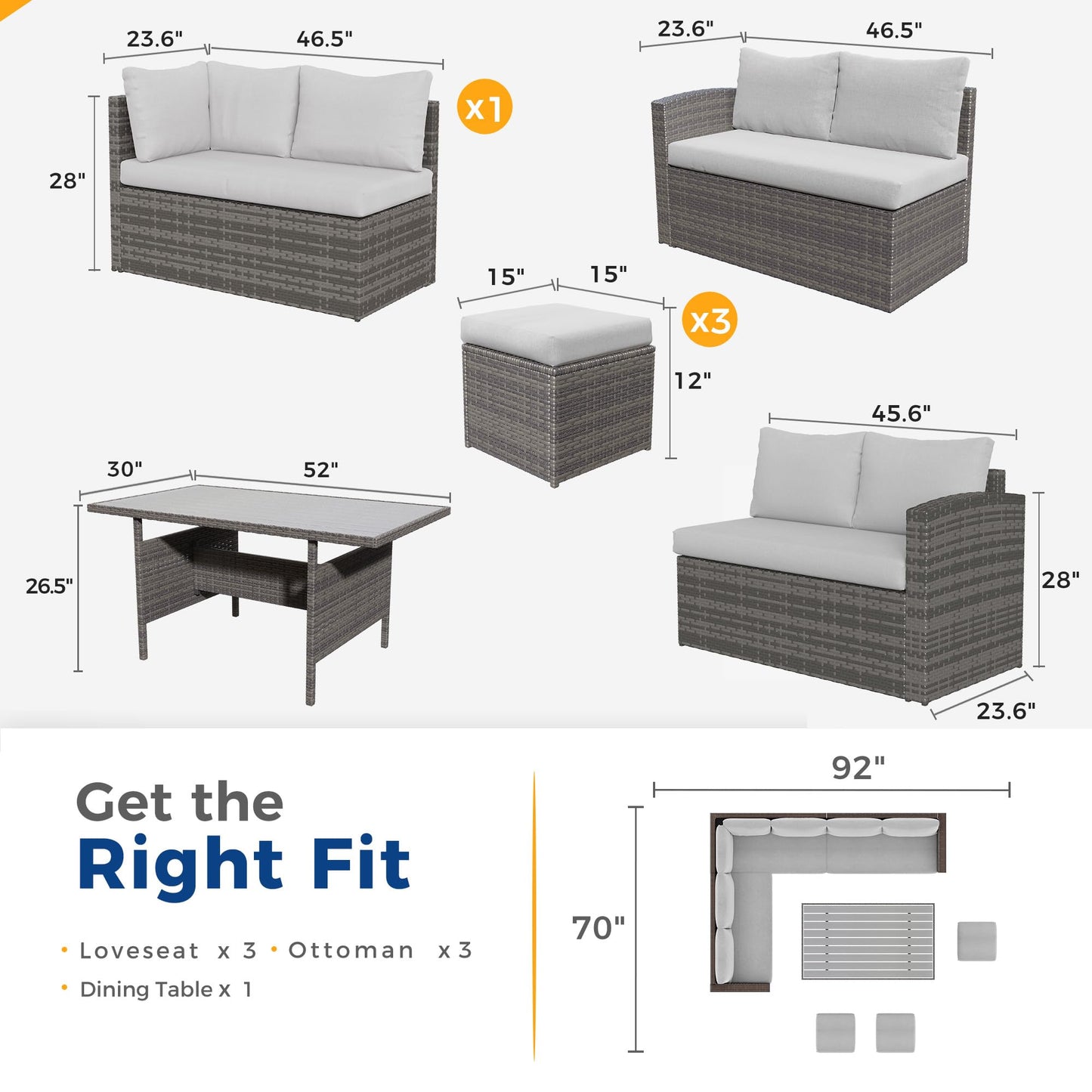 Wisteria Lane 7 Piece Patio Furniture Set, Wicker Patio Sectional with Wide Armrest, All Weather Outdoor Dining Set, Outdoor Furniture Patio Conversation Set with Ottoman, Ash Gray