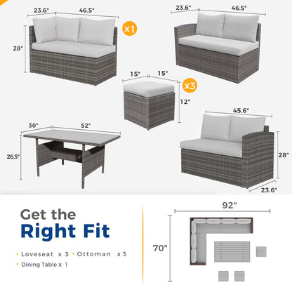 Wisteria Lane 7 Piece Patio Furniture Set, Wicker Patio Sectional with Wide Armrest, All Weather Outdoor Dining Set, Outdoor Furniture Patio Conversation Set with Ottoman, Ash Gray