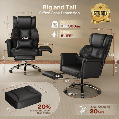 Ergonomic Office Chair with Footrest, Criss Cross Legged Desk Chair with Flip-Up Arm, Wider Thicker Spring Seat, Lumbar Support, Pet-Friendly, Big and Tall High Back Heavy Duty Executive Leather Chair
