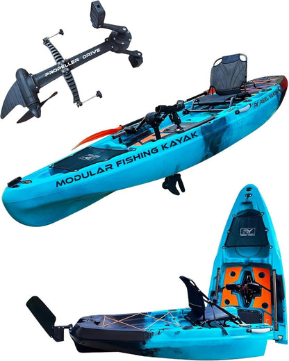 Reel Yaks 10.8ft Rapido Propeller Drive Fishing Kayak, Modular Sit-On-Top Kayak with Hands-Free Pedal Drive, Compact, Lightweight, Easy Assembly, Customizable - 400 lbs Capacity, Blue Black Camo