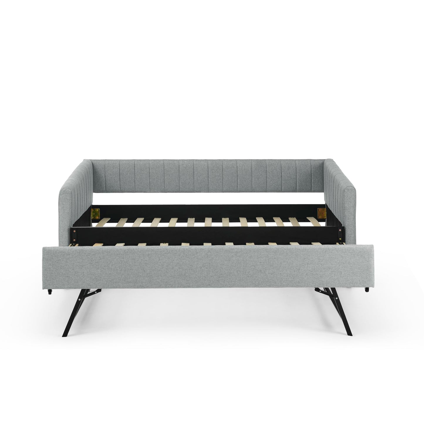 KEIKI Twin Size Upholstery Daybed with Erectable Trundle and Vertical Stripes, Twin to King Design Extendable Linen Sofa Bed, Easy Assembly, No Box Spring Required, for Living Room and Bedroom, Grey