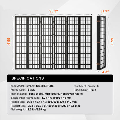 Amacv Room Divider, 6 Panel Japanese Room Divider, Folding Privacy Screen Indoor, Portable Partition Dividers and Decoration Screens, for Room Separation, Home, Office, Restaurant & Bedroom (Black)
