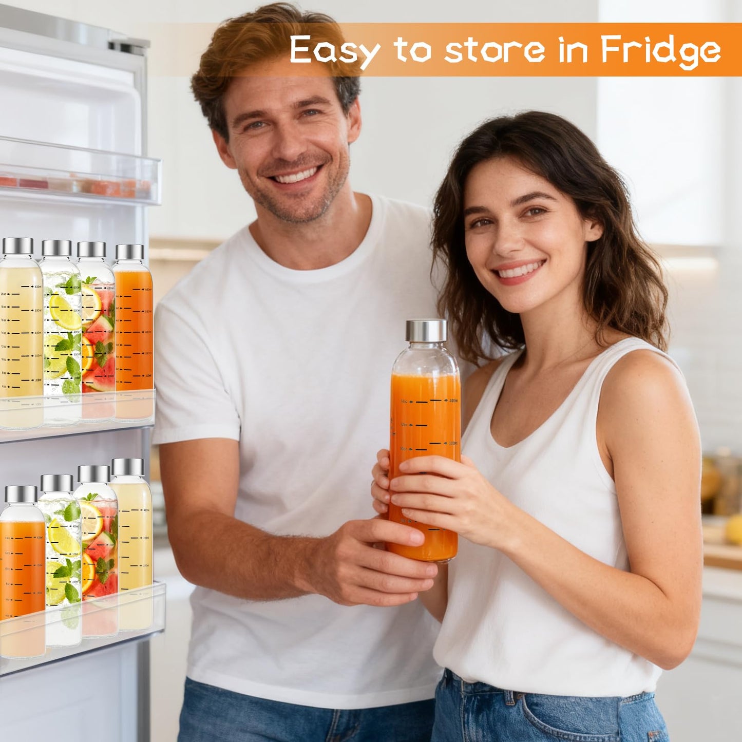 weasland Glass Juice Bottles with Lids Set of 2, 17 oz Reusable Glass Water Bottles with Stainless Steel Caps, BPA Free,Leak Proof,Dishwasher Safe,for Refrigerator, Juicing, Iced Coffee, Cold Brew