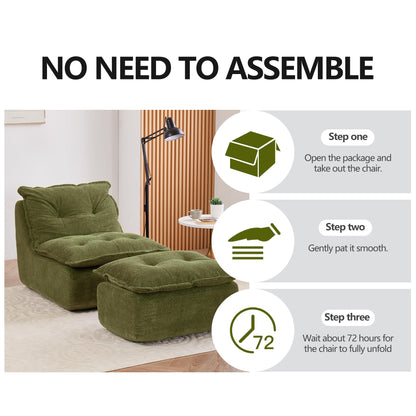 ENYLAY Single Chaise Lounge Chair, 62.2" Lazy Sofa Bean Bag Chair with Ottoman – Modern Boneless Floor Lounger for Bedroom or Living Room, Cozy Cloud Sleeper (Green)
