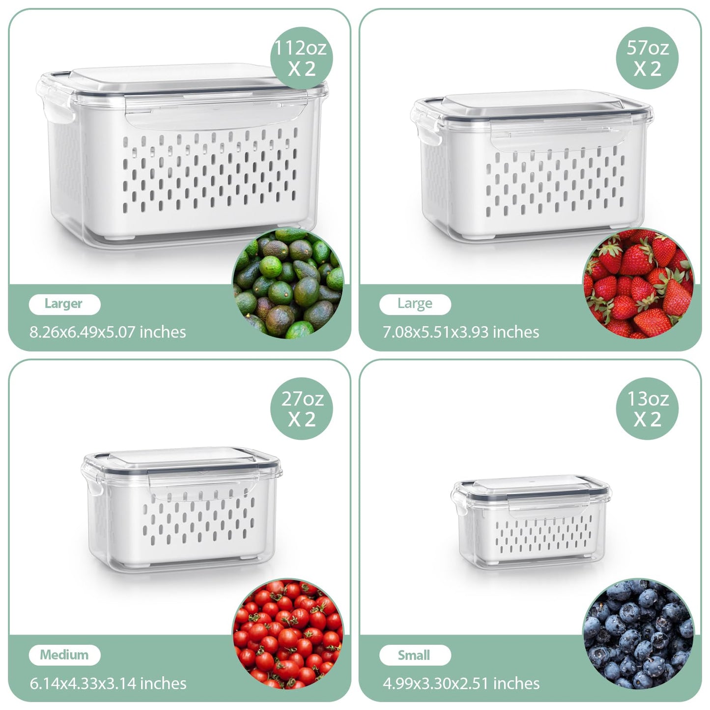 Fruit Storage Containers for Fridge with Removable Colander, 8 Pack Fruit Containers for Fridge with 2 Function Divider Plate, Airtight Storage Container to Keep Berry Fruit Fresh, Dishwasher Safe