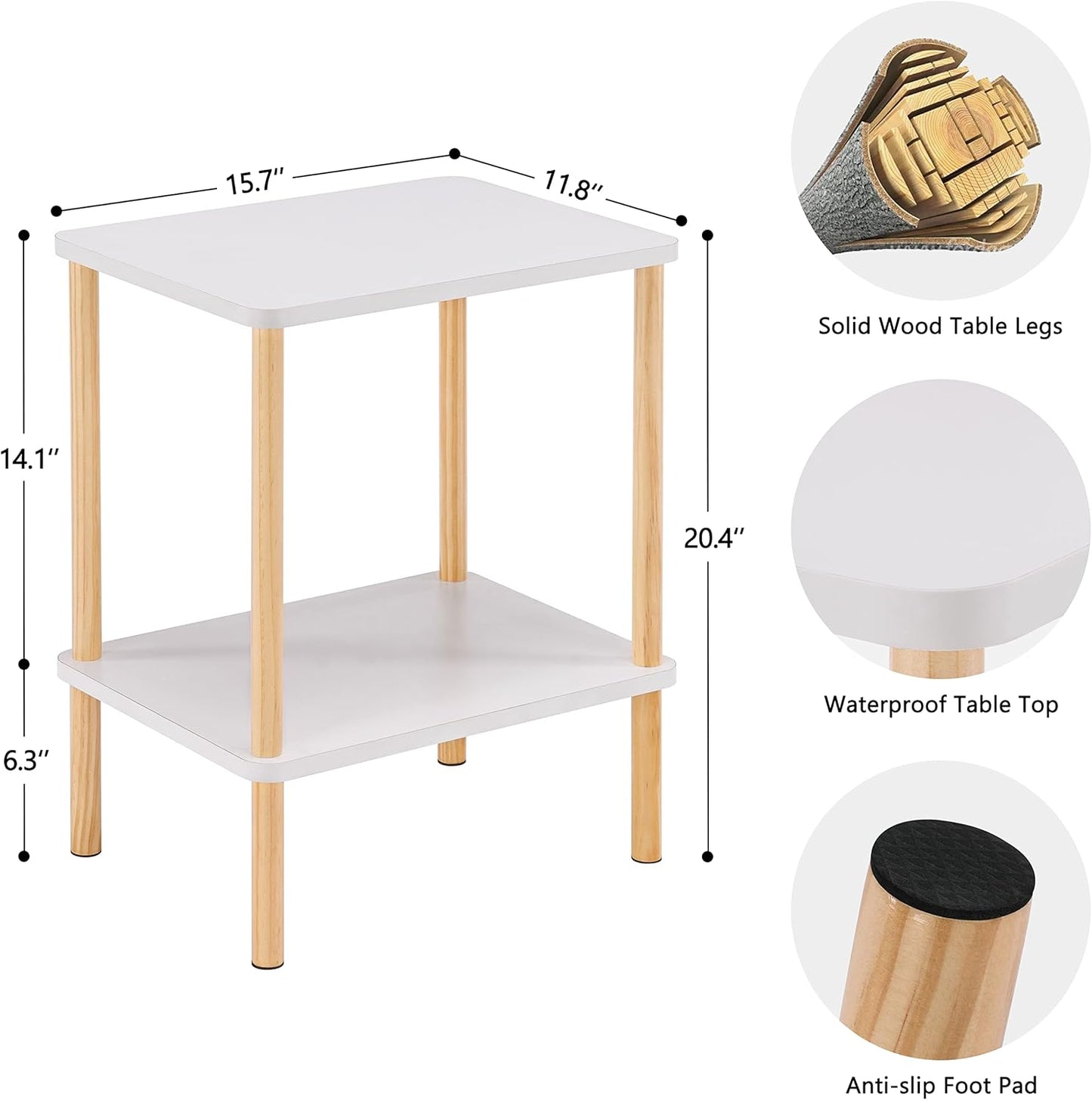 2 Apicizon Tier End Table, Small Side Table with Solid Wood Legs, Boho Bedside Table with Storage Shelf, Nightstand