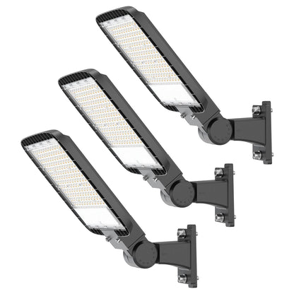 Demilare 200W LED Parking Lot Lights Outdoor Arm Mount with Dusk to Dawn Photocell 110V/120V Pole Flood Lights 5000K Outdoor Street Light IP65 Waterproof Commercial Area Lighting for Parking Lot 3Pack