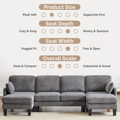 VINGLI 108" W U-Shaped Sectional Couches for Living Room, Sturdy Wooden Armrest Corduroy Cloud Couch with Double Chaise, High Support Modern 4-Seat Sectional Sofa for Apartment, Offices, Dark Grey