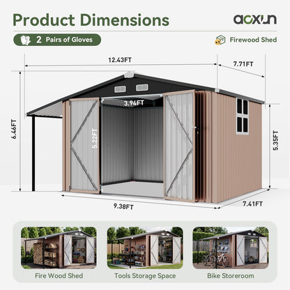 Aoxun 8x12 FT Outdoor Storage Shed with Open Firewood Storage,Galvanized Steel Garden Shed with Lockable Doors,Sloped Roof,Windows, 2 in 1 Large Metal Tool Shed for Patio, Backyard, Lawn (Brown)