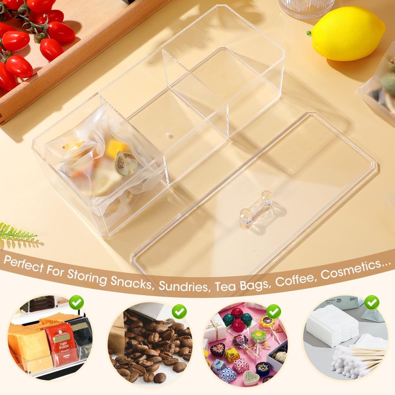 Unomor Tea Bag Organizer Box with Lid - Divided Acrylic Tea Storage Chest 9.17X3.74X3.26In Multi-Compartment Bag Holder for Kitchen Countertop Office and Home