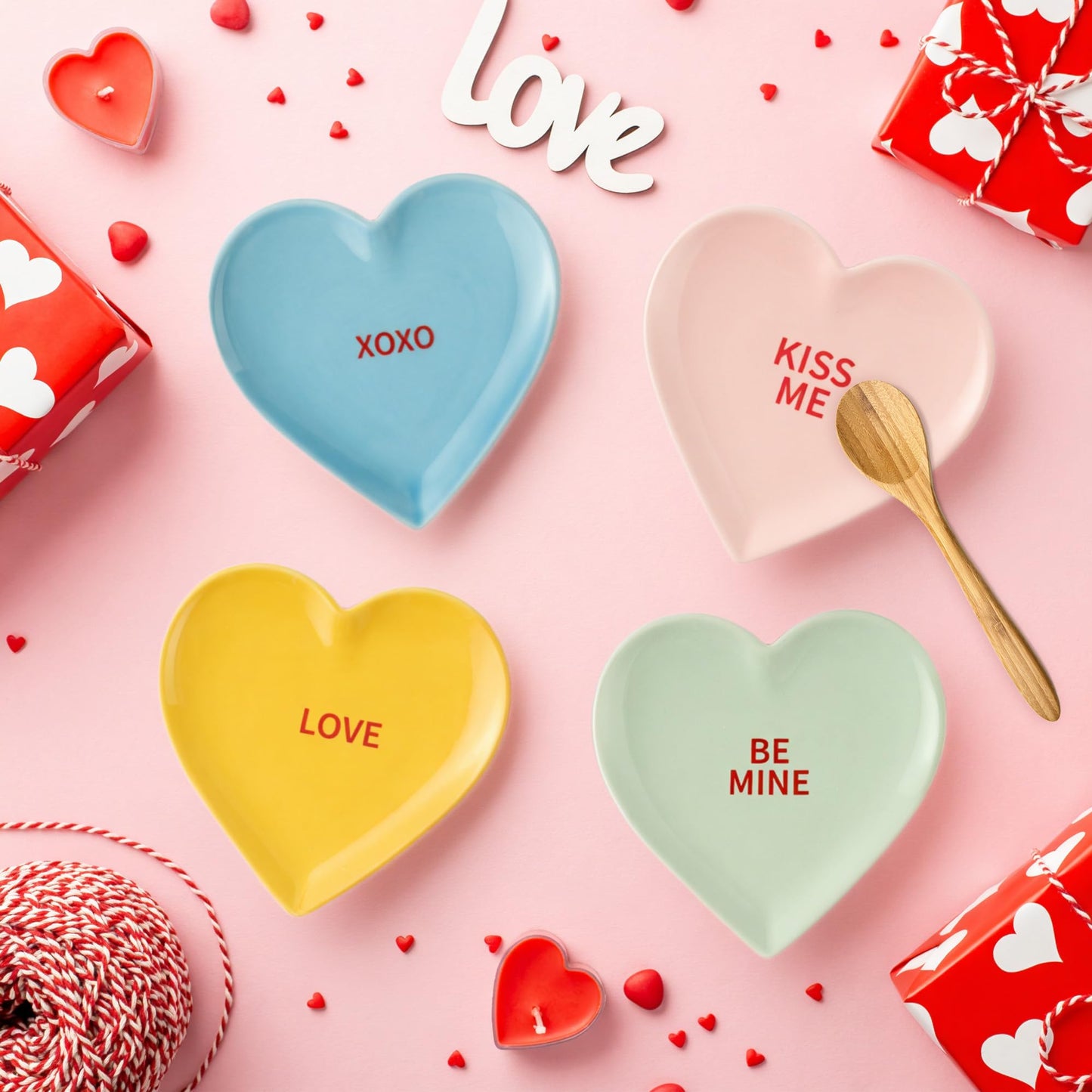 Valentine's Day Ceramic Spoon Rest for Stovetop - 4Pcs Conversation Heart Spoon Rest Set Heart Shape Cooking Ladle Holders Sauce Dishes Utensil Rests for Kitchen Countertop Decor Valentines Gift Favor