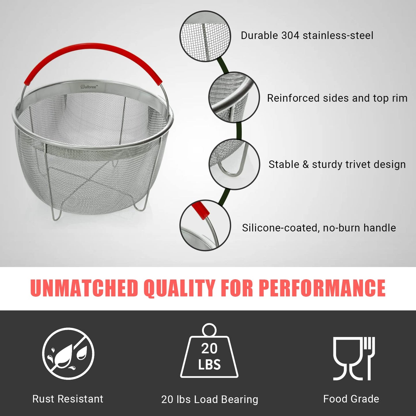 Original Salbree Steamer Basket for 6 qt quart Instant Pot Accessories, Stainless Steel Strainer and Insert fits IP Insta Pots, Instapot, Other Pressure Cookers, with Silicone Handle [3qt 8qt avail]