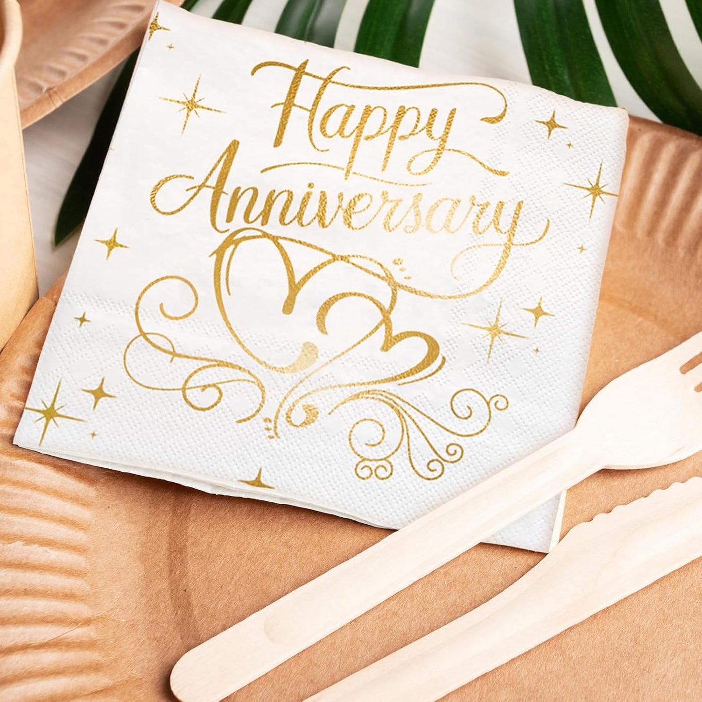 25Pcs 3-Ply 25th 50th 5 5 LeZakaa Happy Anniversary Paper Napkin, Gold Foil Cocktail Beverage Bar Square Disposable