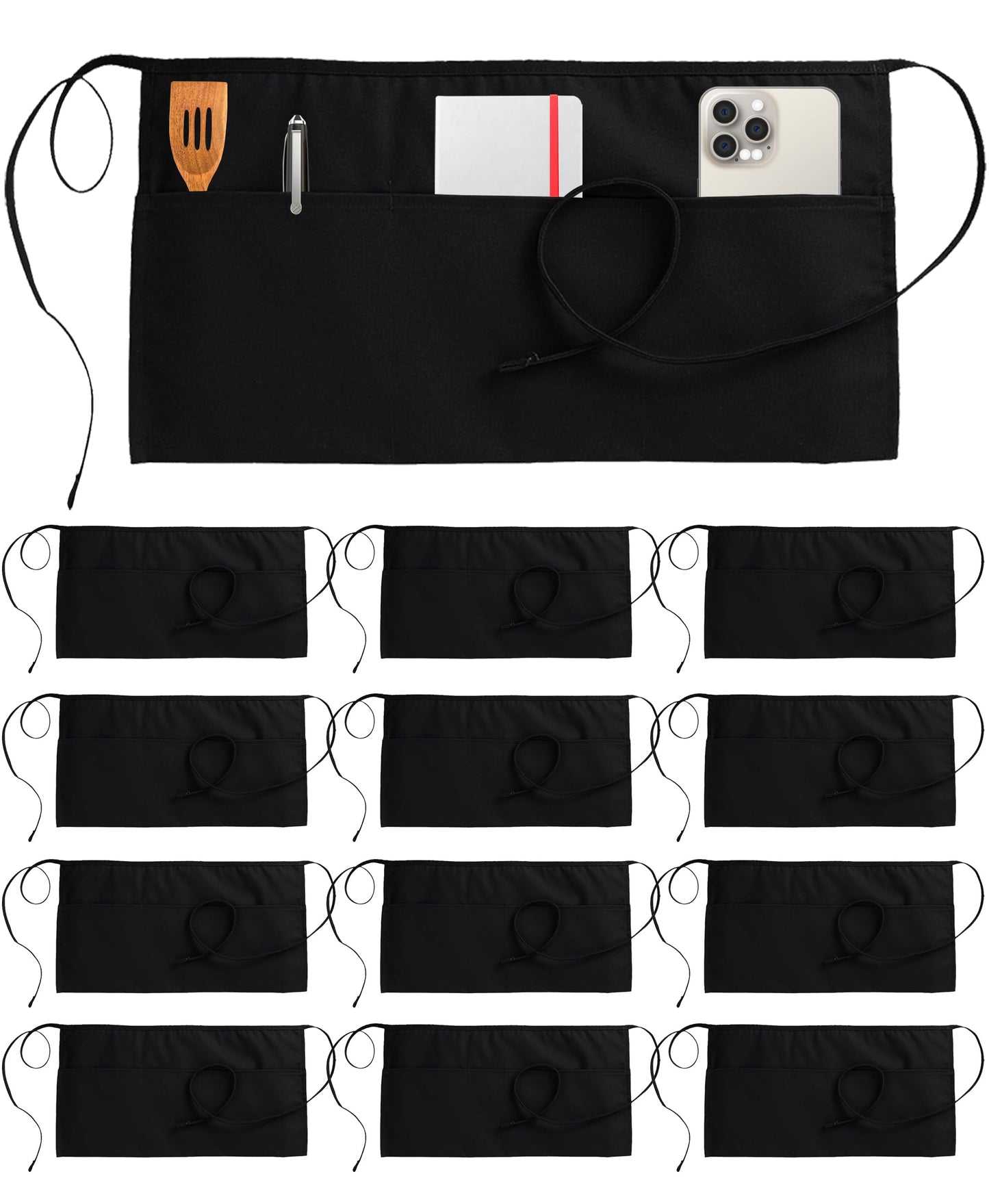 Utopia Wear 12 Pack Server Aprons with 3 Pockets, Waiter and Waitress Waist Aprons for Women with Pockets, Men Short Aprons (Black)