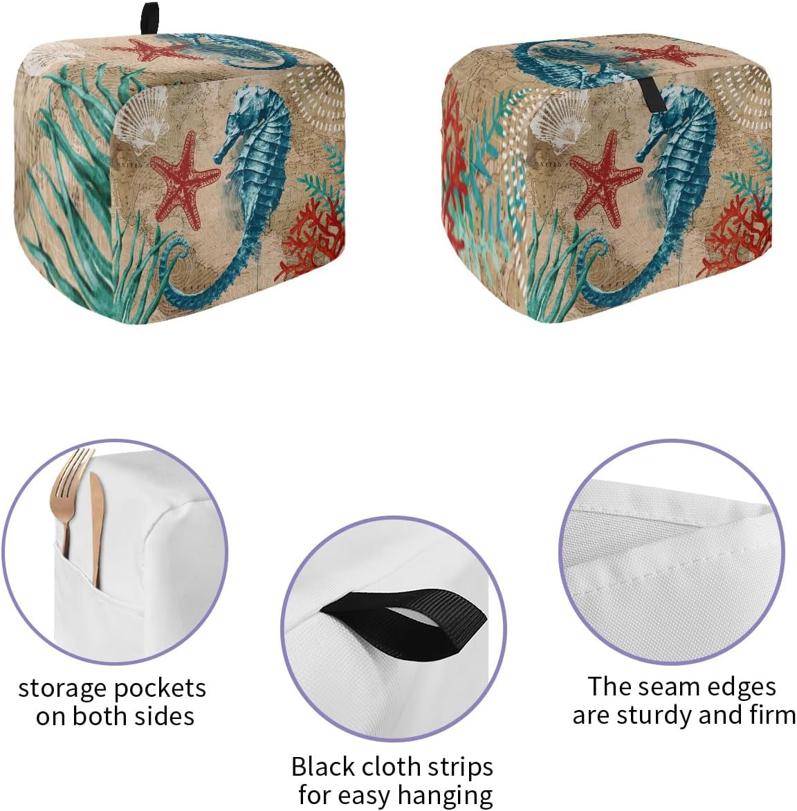 Nautical Theme Toaster Dust Cover with Pockets, Blue Seahorse and Seaweed Soft Washable Cover for 4 Slice Toaster