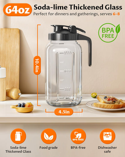 64 oz Mason Jar Pitcher – Airtight & Leakproof Glass Pitcher with Lid, Perfect for Iced Tae, Sun Tea, Cold Brew, Breastmilk, 2 Quart (1/2 Gallon) Mason Jar with Pour Spout Lid Flip-Cap & Handle