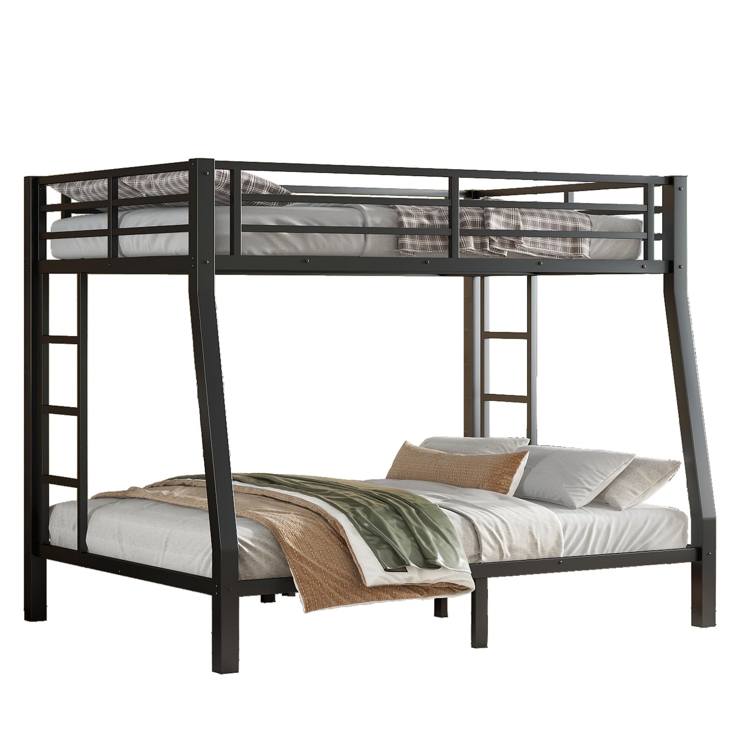 Bellemave Metal Full XL Over Queen Bunk Bed with High Guardrail & Under-Bed Storage, Heavy Duty Bunk Beds Frame with 2 Side Ladders, Full Over Queen Bunk Bed for Adults, No Box Spring Needed, Black