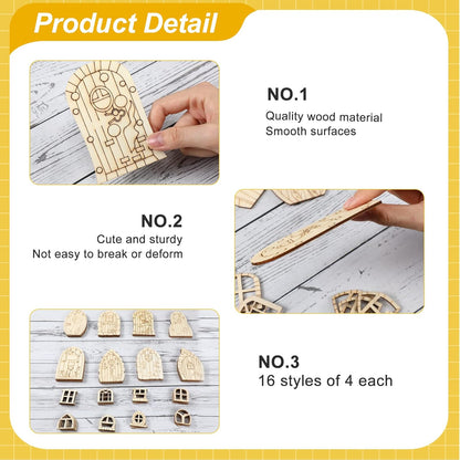 Skiennix Fairy Door Mini Wooden Garden Doors - 64 Pcs Unfinished DIY Craft Kit for Home Decor